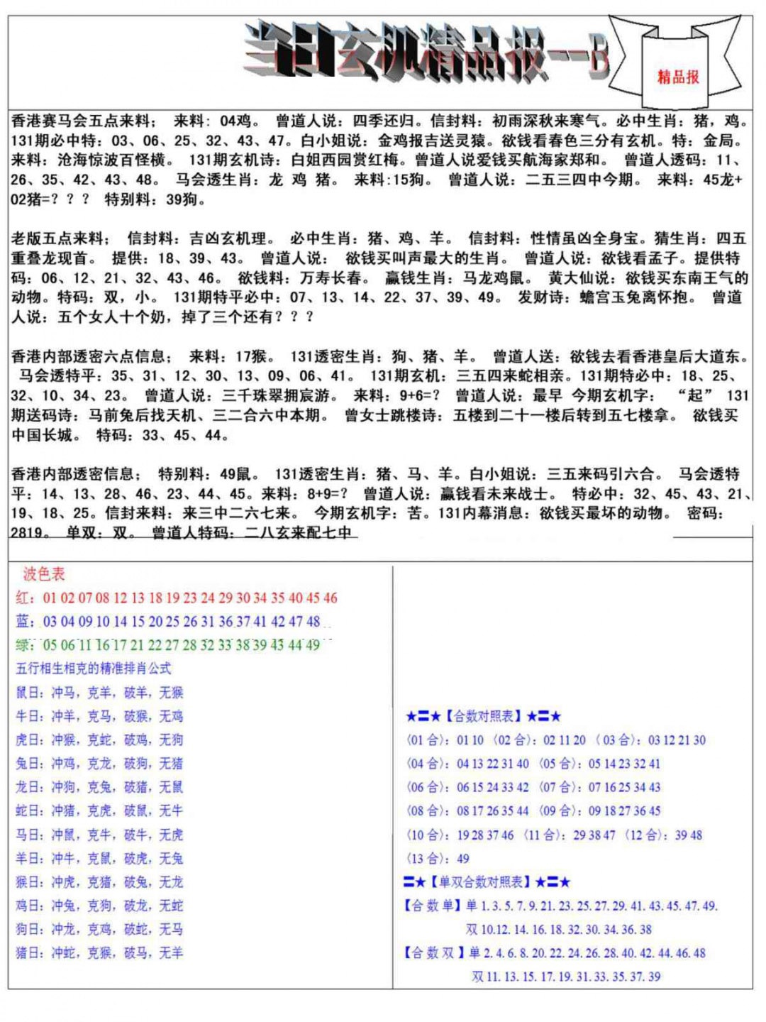 131期当日玄机精品报B[图]